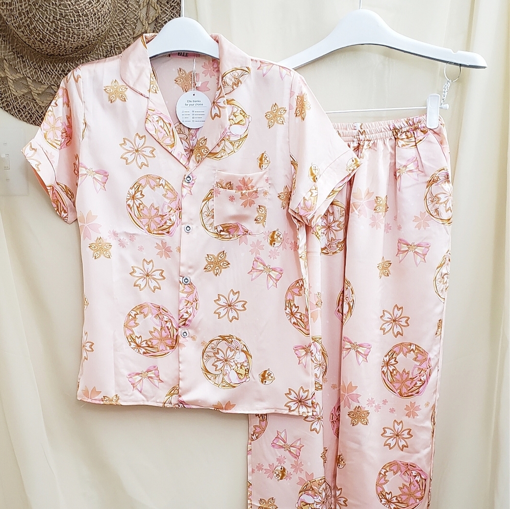 Sakura print satin fabric pajamas set